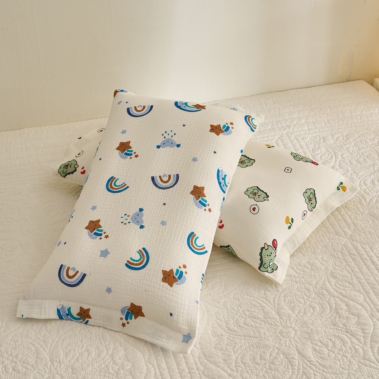 91家纺网 家纺一手货源 找家纺 乐可 2025新款全棉纯棉纱布儿童枕套单枕套 TB2星星彩虹蓝