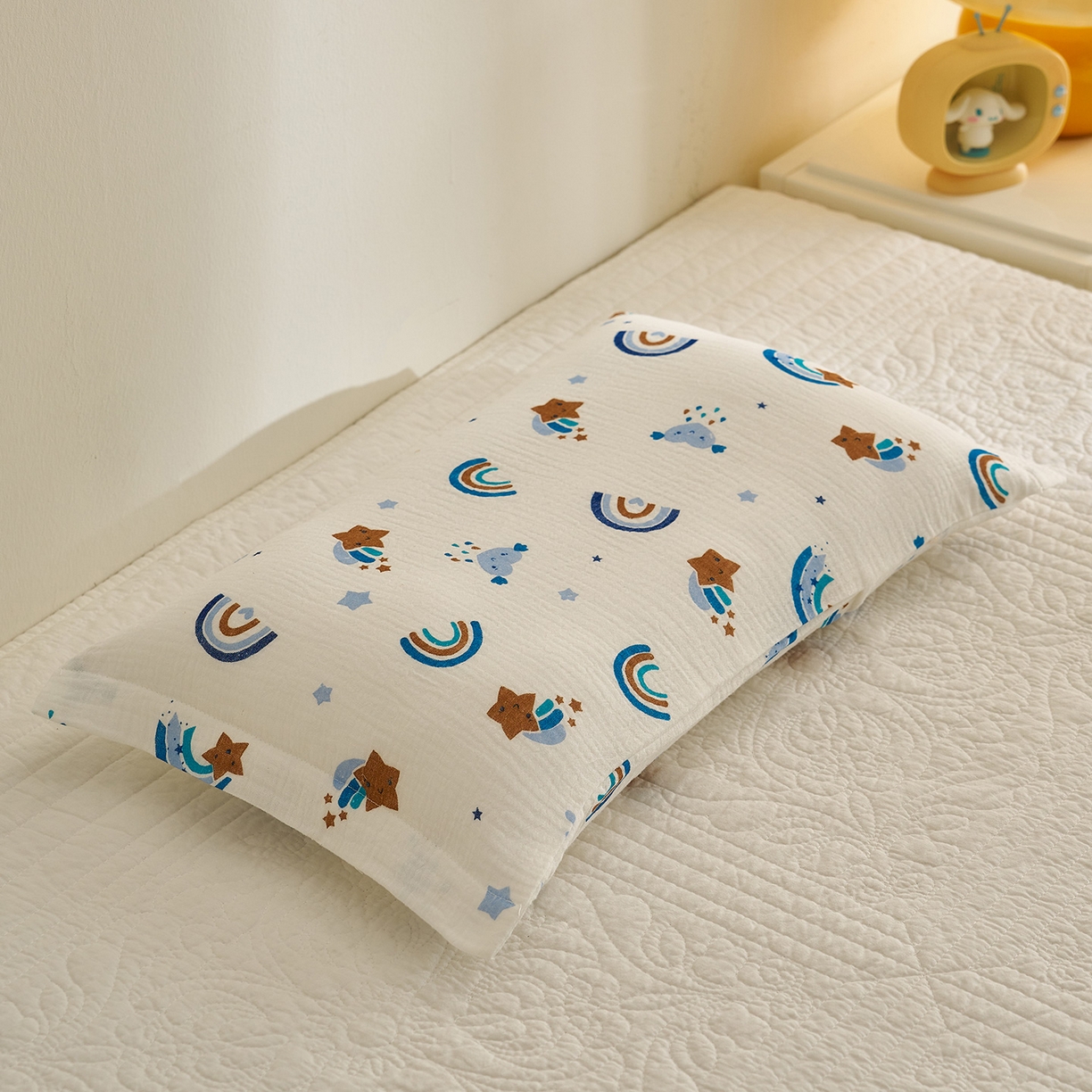 91家纺网 家纺一手货源 找家纺 乐可 2025新款全棉纯棉纱布儿童枕套单枕套 TB2星星彩虹蓝