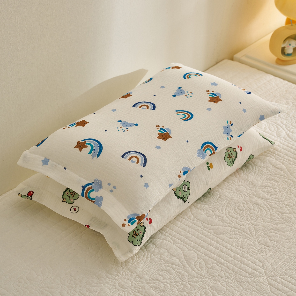 91家纺网 家纺一手货源 找家纺 乐可 2025新款全棉纯棉纱布儿童枕套单枕套 TB2星星彩虹蓝