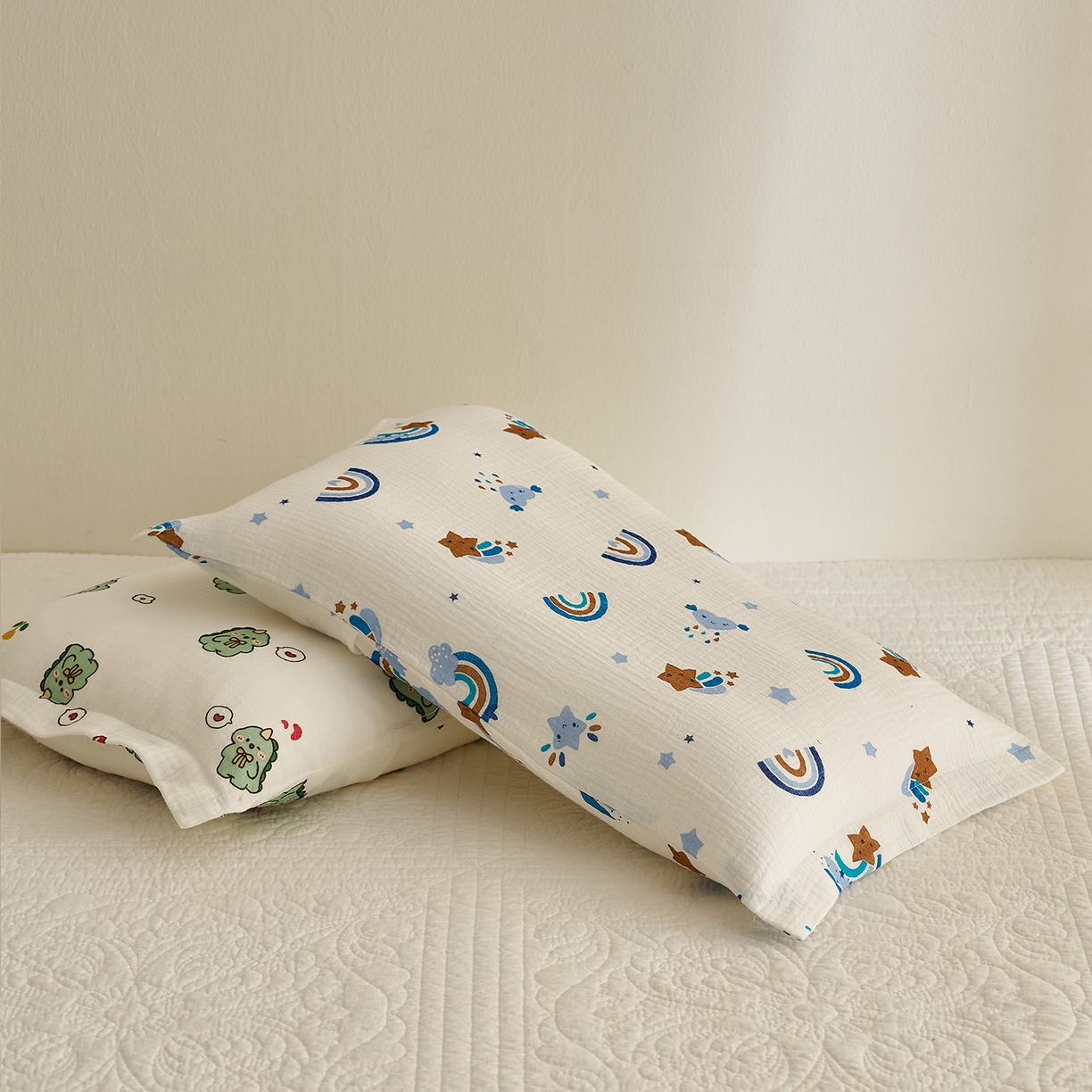 91家纺网 家纺一手货源 找家纺 乐可 2025新款全棉纯棉纱布儿童枕套单枕套 TB2星星彩虹蓝