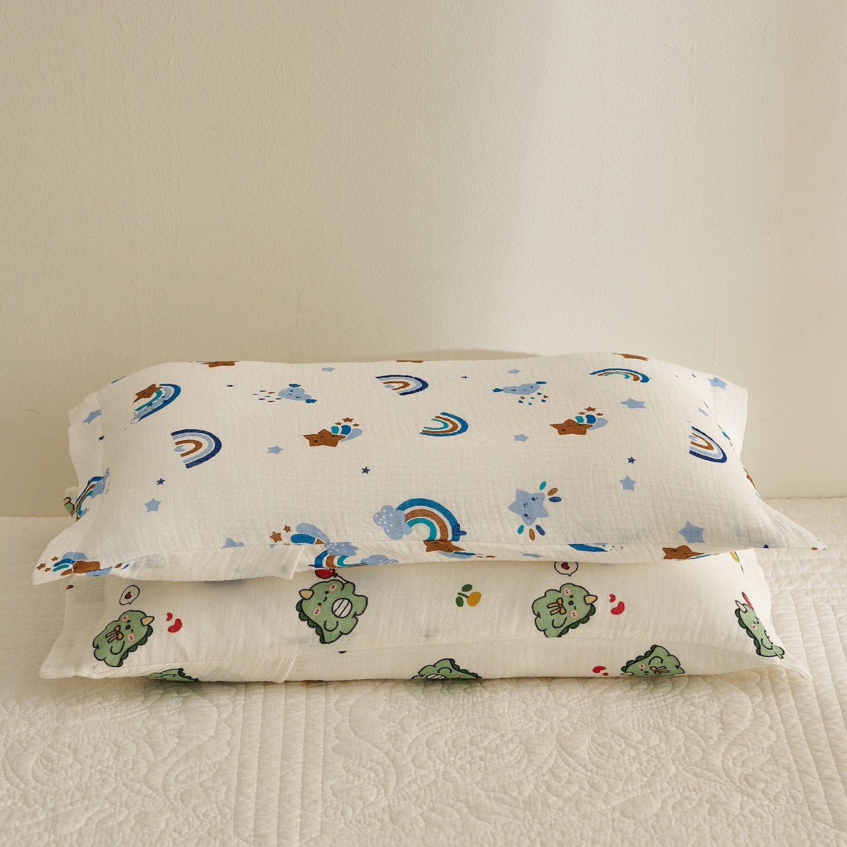 91家纺网 家纺一手货源 找家纺 乐可 2025新款全棉纯棉纱布儿童枕套单枕套 TB2星星彩虹蓝