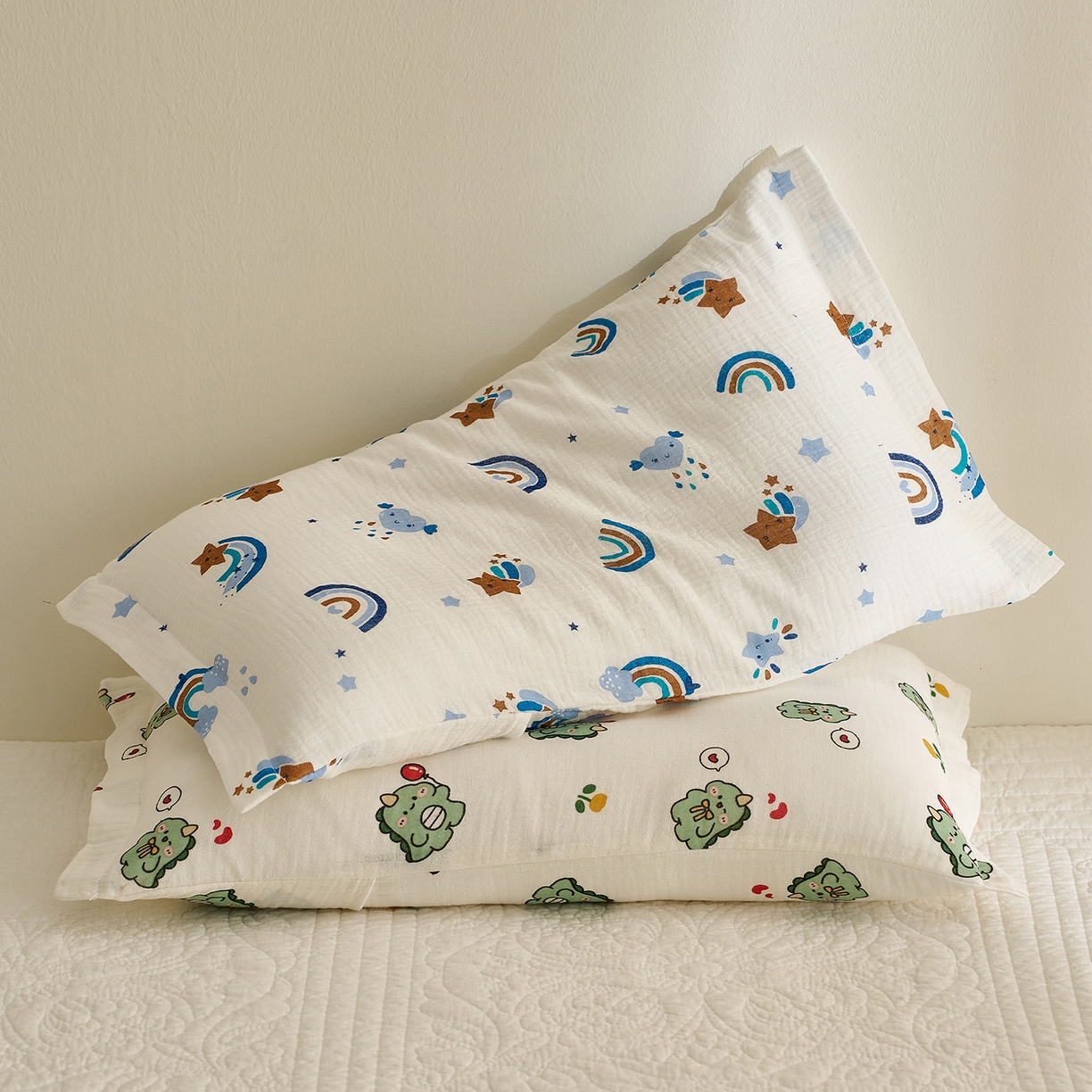 91家纺网 家纺一手货源 找家纺 乐可 2025新款全棉纯棉纱布儿童枕套单枕套 TB2星星彩虹蓝