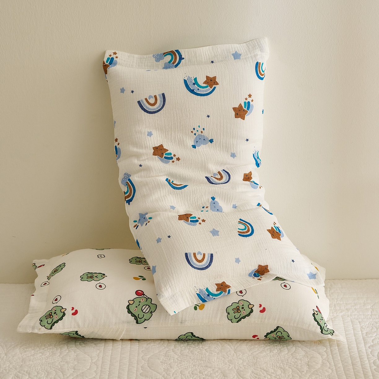 91家纺网 家纺一手货源 找家纺 乐可 2025新款全棉纯棉纱布儿童枕套单枕套 TB2星星彩虹蓝