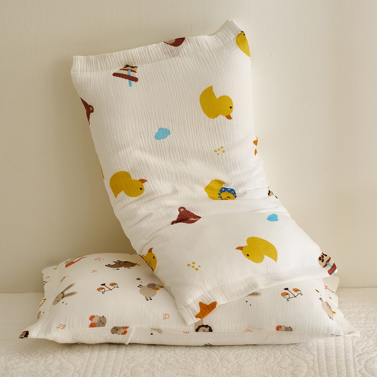 91家纺网 家纺一手货源 找家纺 乐可 2025新款全棉纯棉纱布儿童枕套单枕套 TB2小熊黄鸭