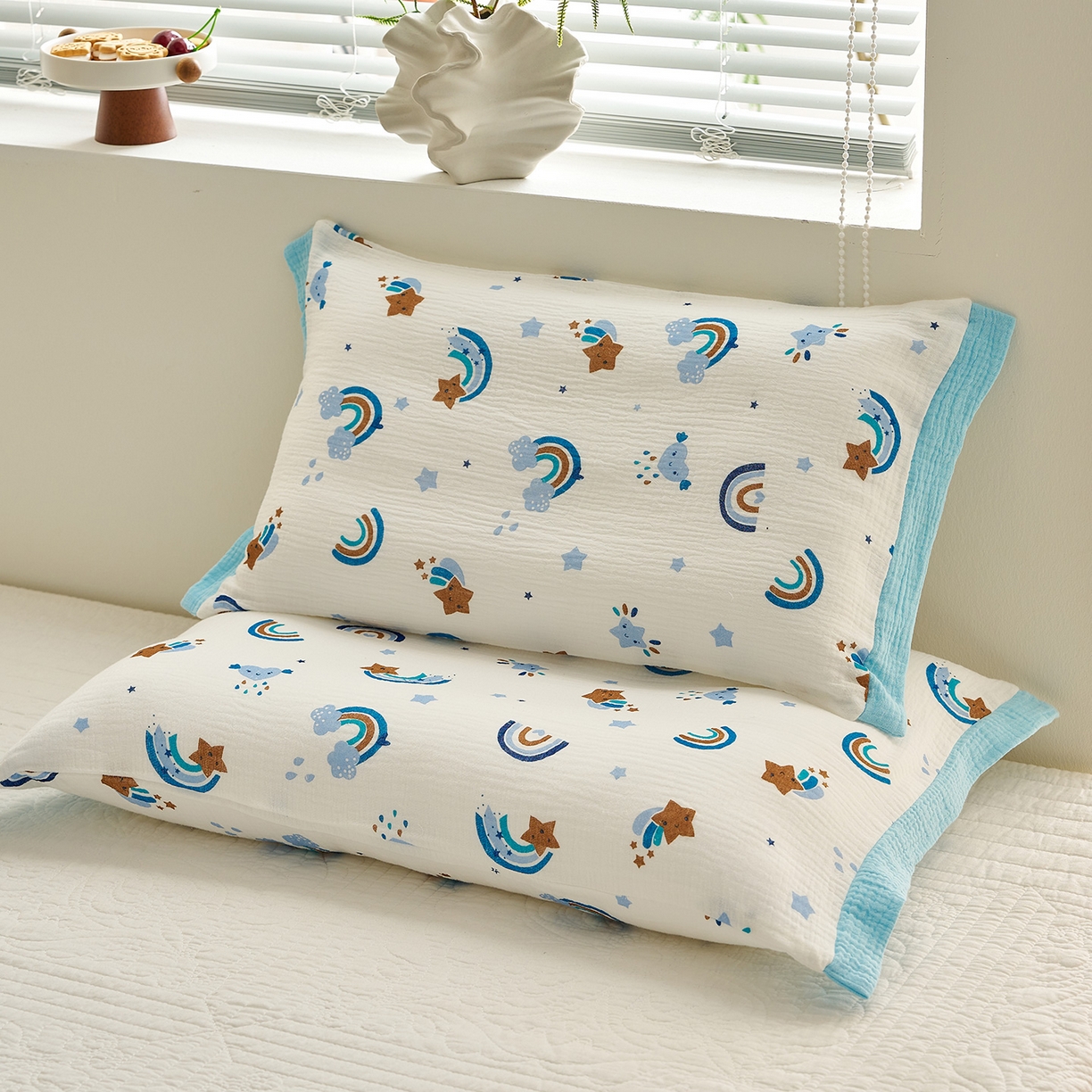 91家纺网 家纺一手货源 找家纺 乐可 2025新款全棉纯棉纱布儿童拼色枕套单枕套 TP3星星彩虹蓝