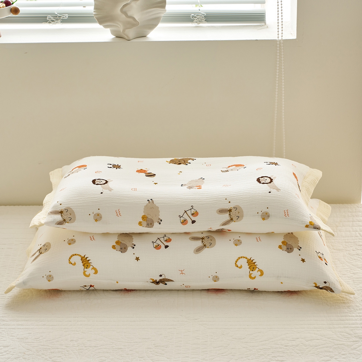 91家纺网 家纺一手货源 找家纺 乐可 2025新款全棉纯棉纱布儿童拼色枕套单枕套 TP3宝宝星座