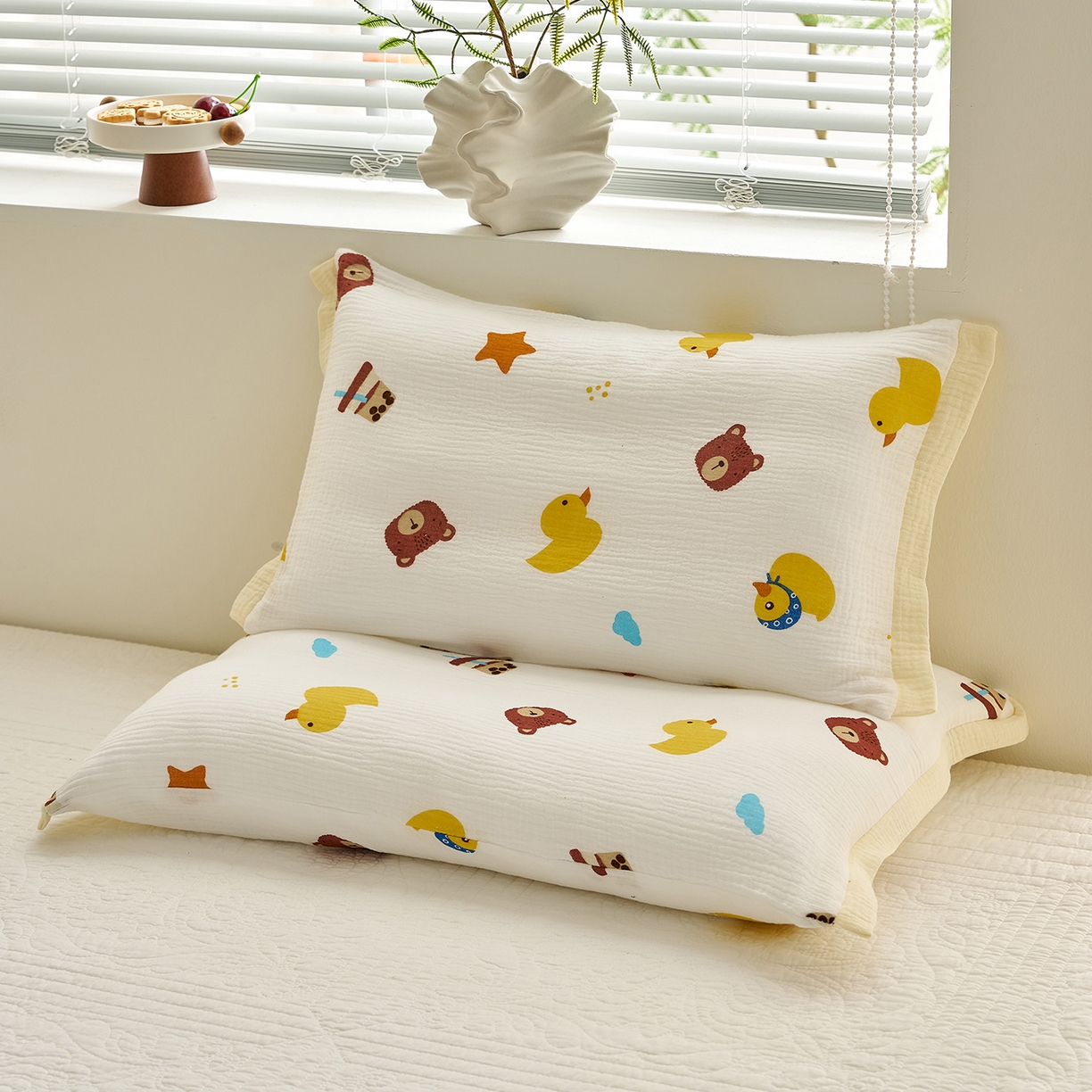 91家纺网 家纺一手货源 找家纺 乐可 2025新款全棉纯棉纱布儿童拼色枕套单枕套 TP3小熊黄鸭