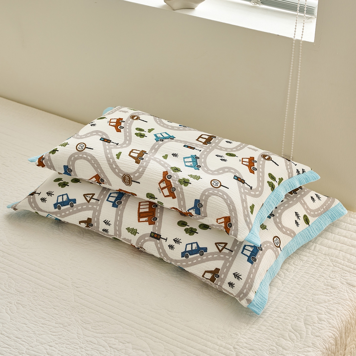 91家纺网 家纺一手货源 找家纺 乐可 2025新款全棉纯棉纱布儿童拼色枕套单枕套 TP3飘移