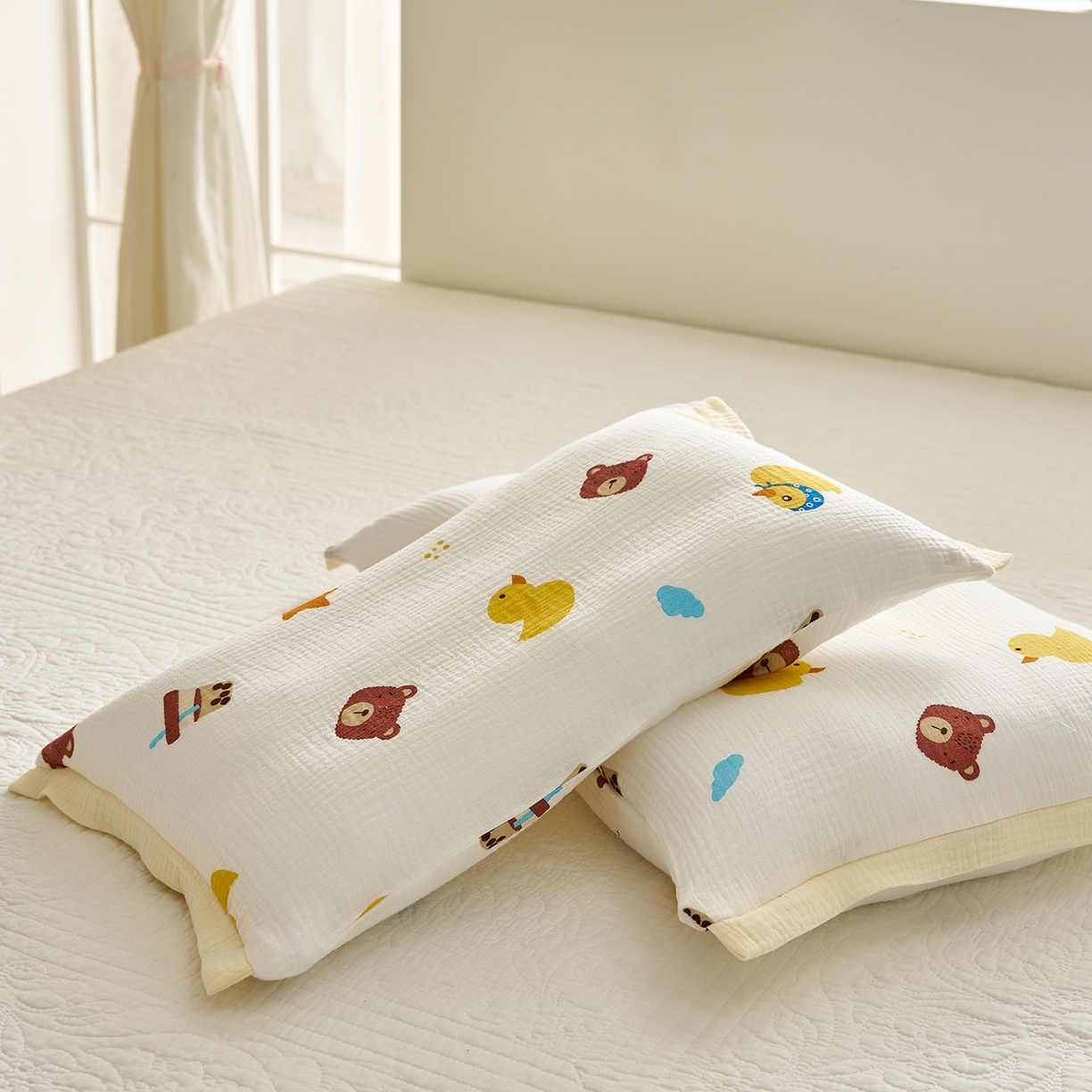 91家纺网 家纺一手货源 找家纺 乐可 2025新款全棉纯棉纱布儿童拼色枕套单枕套 TP3小熊黄鸭