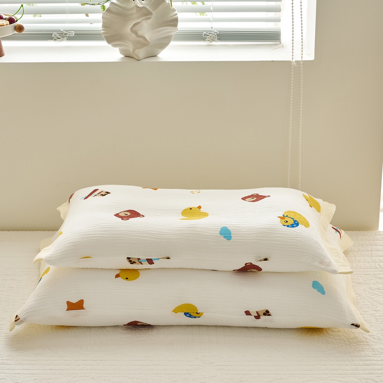 91家纺网 家纺一手货源 找家纺 乐可 2025新款全棉纯棉纱布儿童拼色枕套单枕套 TP3小熊黄鸭