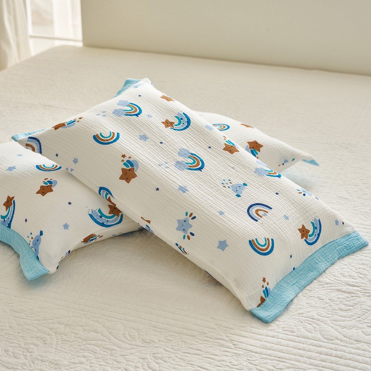 91家纺网 家纺一手货源 找家纺 乐可 2025新款全棉纯棉纱布儿童拼色枕套单枕套 TP3星星彩虹蓝