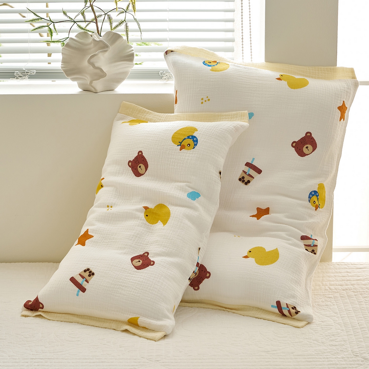 91家纺网 家纺一手货源 找家纺 乐可 2025新款全棉纯棉纱布儿童拼色枕套单枕套 TP3小熊黄鸭