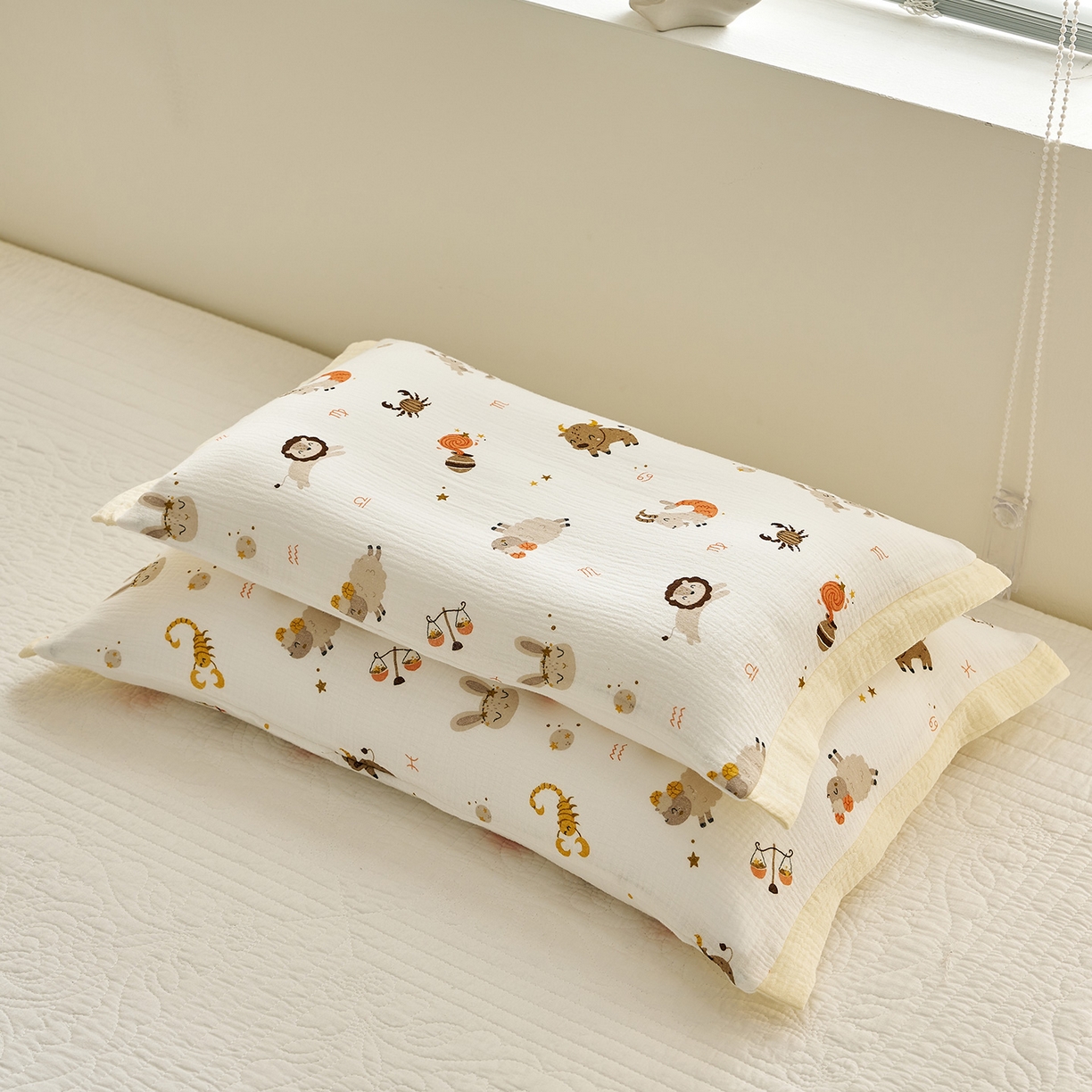 91家纺网 家纺一手货源 找家纺 乐可 2025新款全棉纯棉纱布儿童拼色枕套单枕套 TP3宝宝星座