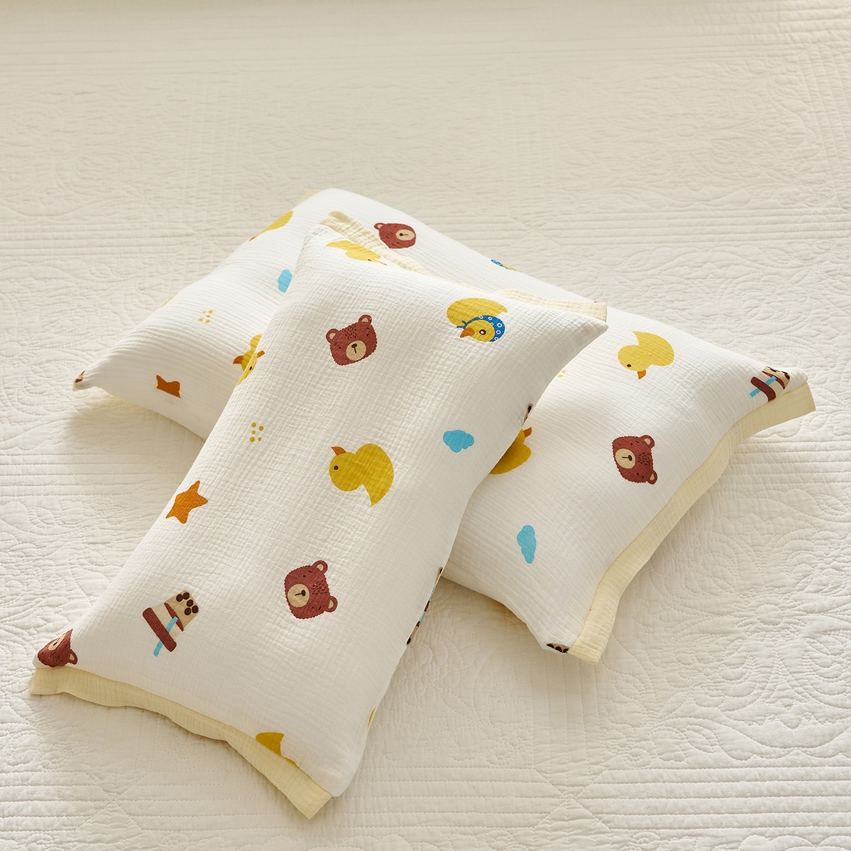 91家纺网 家纺一手货源 找家纺 乐可 2025新款全棉纯棉纱布儿童拼色枕套单枕套 TP3小熊黄鸭