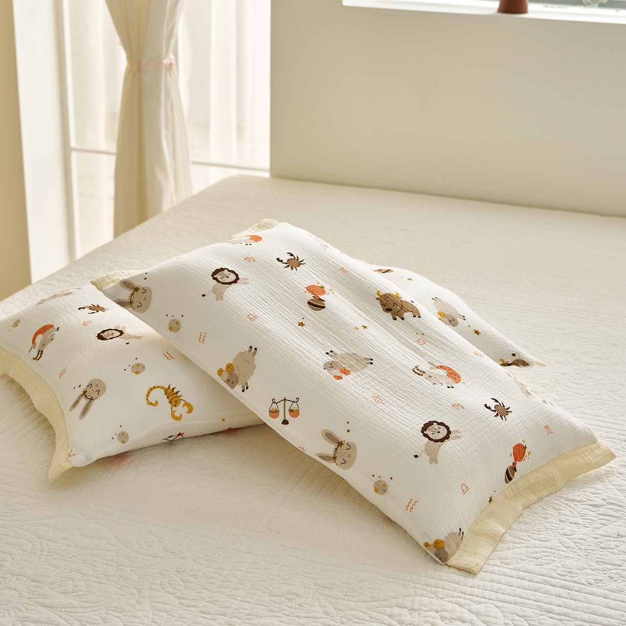 91家纺网 家纺一手货源 找家纺 乐可 2025新款全棉纯棉纱布儿童拼色枕套单枕套 TP3宝宝星座