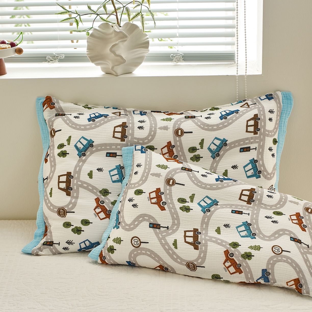 91家纺网 家纺一手货源 找家纺 乐可 2025新款全棉纯棉纱布儿童拼色枕套单枕套 TP3飘移