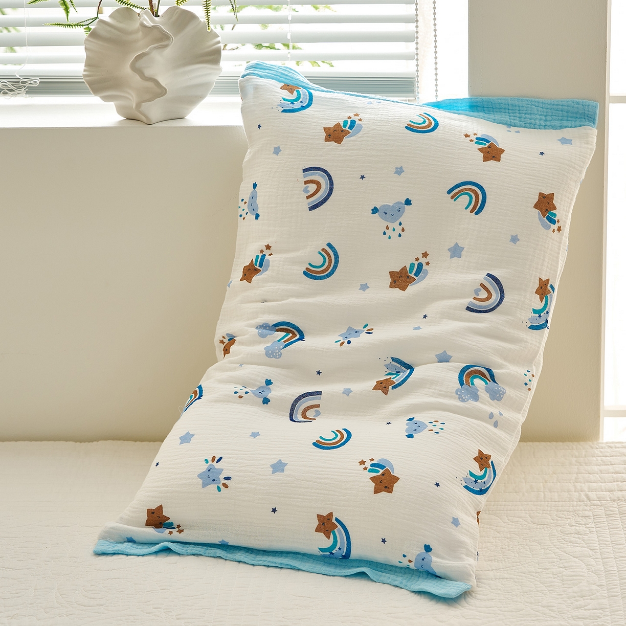 91家纺网 家纺一手货源 找家纺 乐可 2025新款全棉纯棉纱布儿童拼色枕套单枕套 TP3星星彩虹蓝