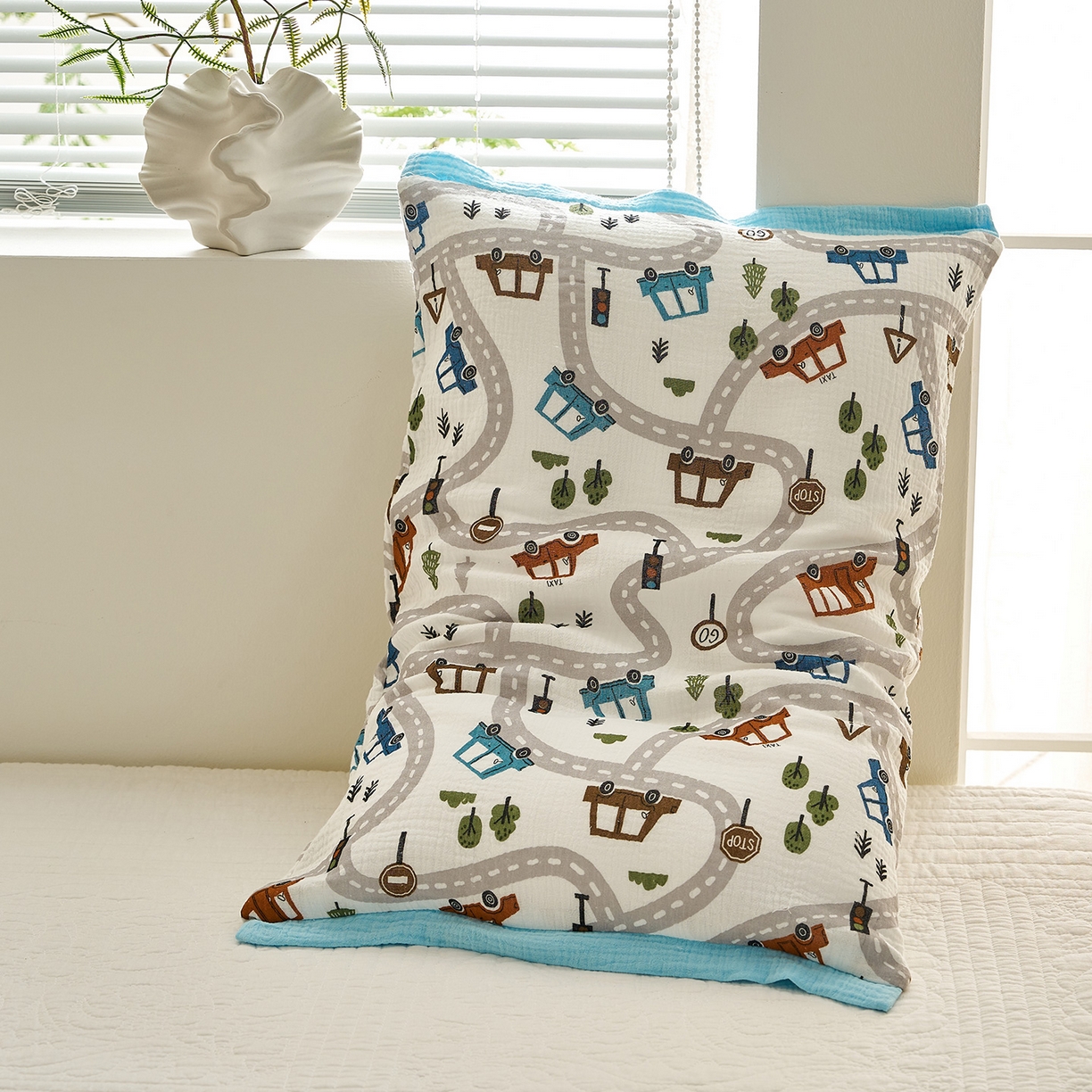 91家纺网 家纺一手货源 找家纺 乐可 2025新款全棉纯棉纱布儿童拼色枕套单枕套 TP3飘移