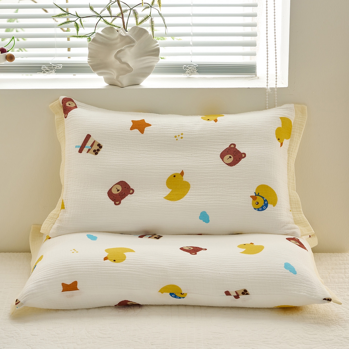 91家纺网 家纺一手货源 找家纺 乐可 2025新款全棉纯棉纱布儿童拼色枕套单枕套 TP3小熊黄鸭