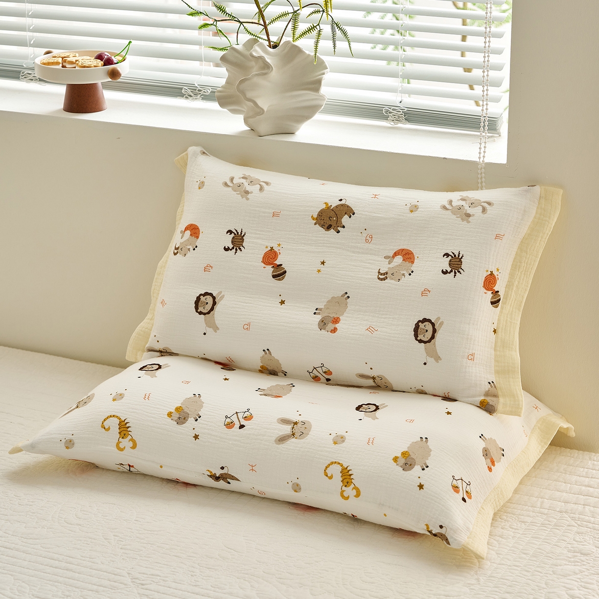 91家纺网 家纺一手货源 找家纺 乐可 2025新款全棉纯棉纱布儿童拼色枕套单枕套 TP3宝宝星座