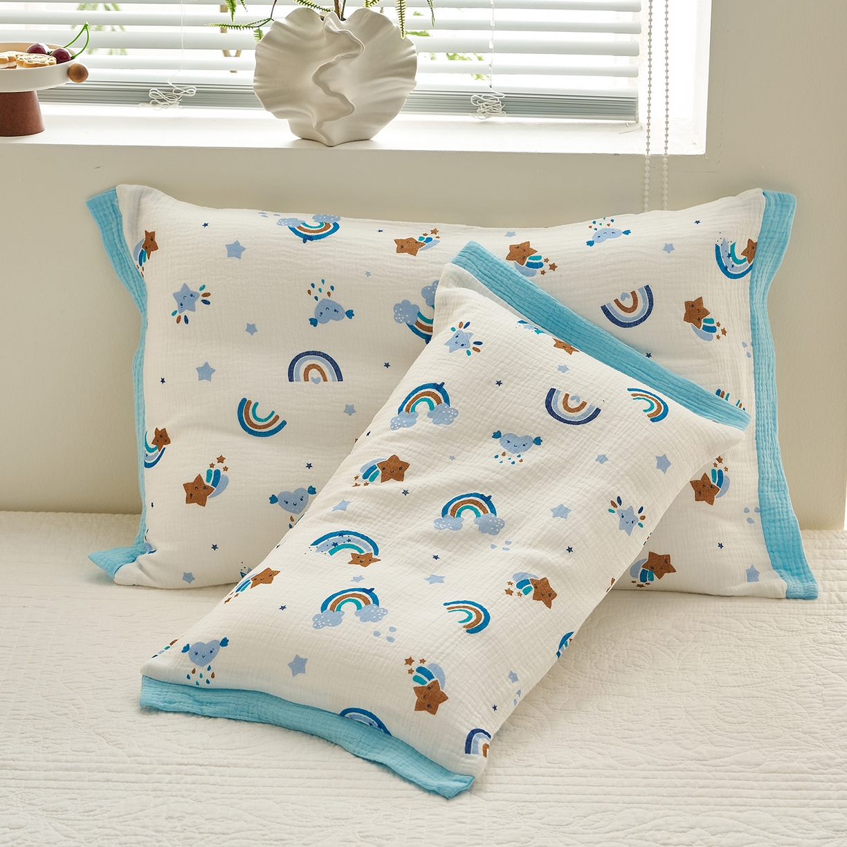 91家纺网 家纺一手货源 找家纺 乐可 2025新款全棉纯棉纱布儿童拼色枕套单枕套 TP3星星彩虹蓝