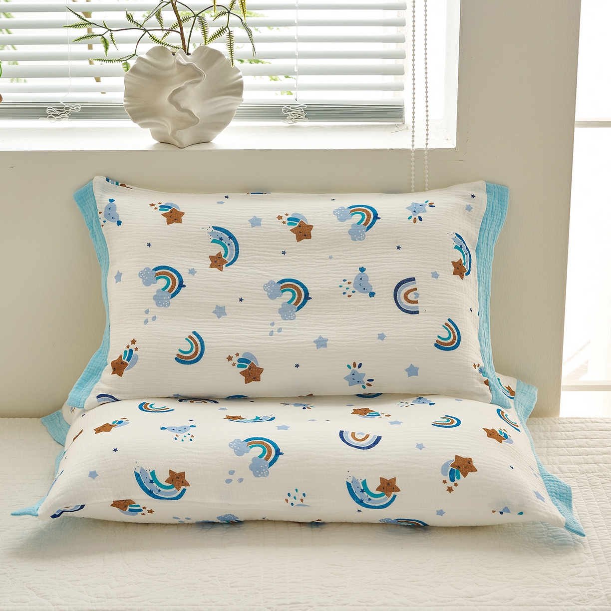 91家纺网 家纺一手货源 找家纺 乐可 2025新款全棉纯棉纱布儿童拼色枕套单枕套 TP3星星彩虹蓝