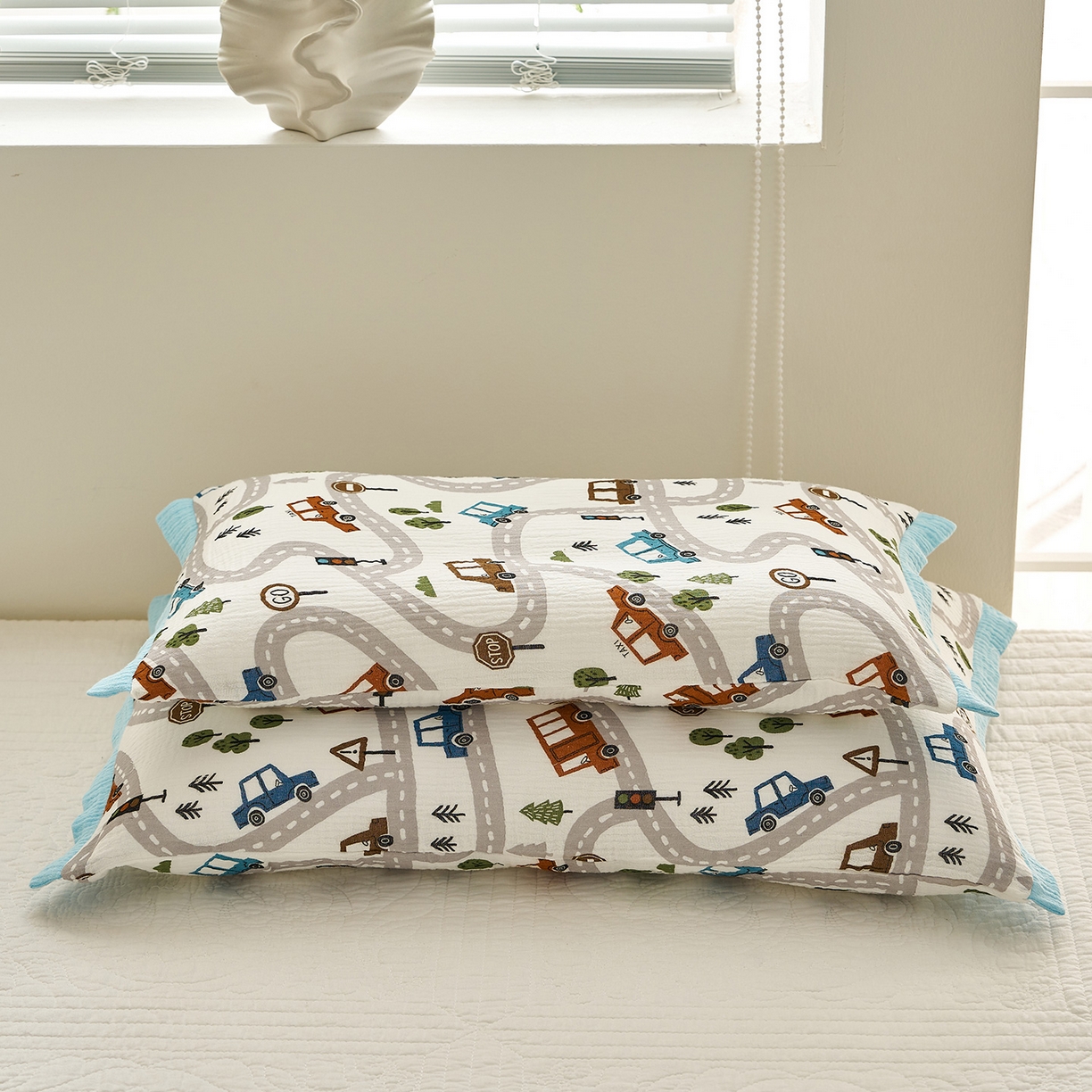 91家纺网 家纺一手货源 找家纺 乐可 2025新款全棉纯棉纱布儿童拼色枕套单枕套 TP3飘移