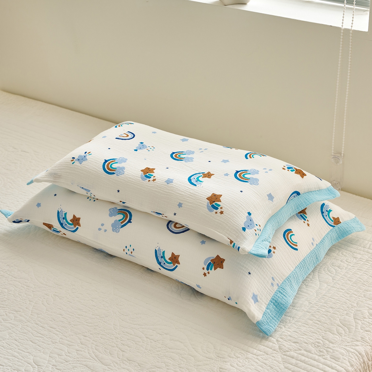 91家纺网 家纺一手货源 找家纺 乐可 2025新款全棉纯棉纱布儿童拼色枕套单枕套 TP3星星彩虹蓝