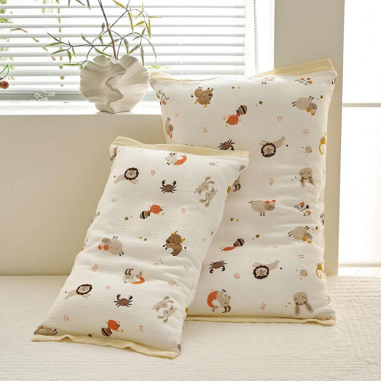 91家纺网 家纺一手货源 找家纺 乐可 2025新款全棉纯棉纱布儿童拼色枕套单枕套 TP3宝宝星座