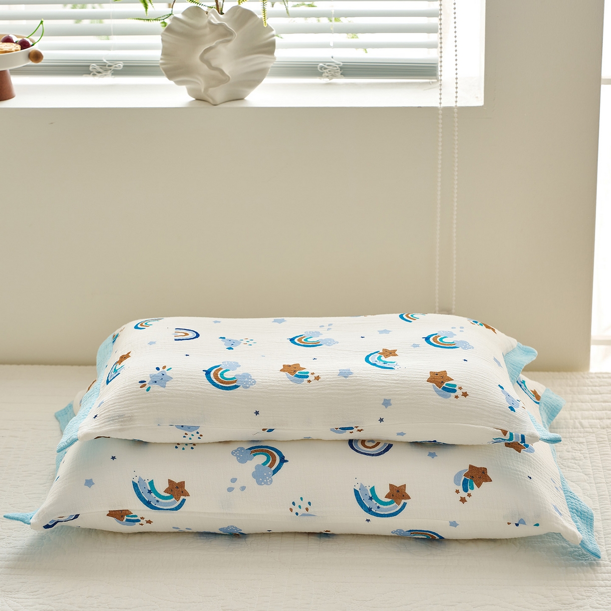 91家纺网 家纺一手货源 找家纺 乐可 2025新款全棉纯棉纱布儿童拼色枕套单枕套 TP3星星彩虹蓝