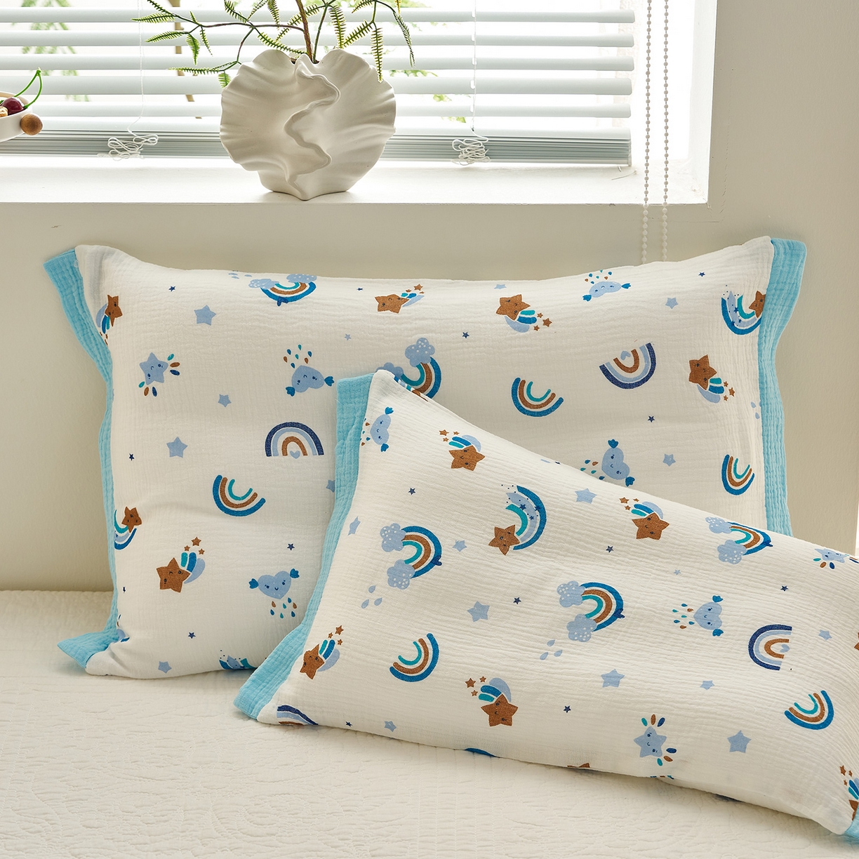 91家纺网 家纺一手货源 找家纺 乐可 2025新款全棉纯棉纱布儿童拼色枕套单枕套 TP3星星彩虹蓝