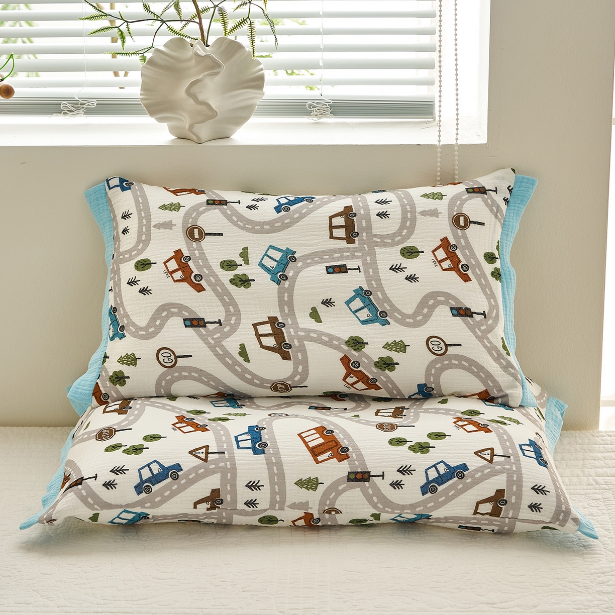 91家纺网 家纺一手货源 找家纺 乐可 2025新款全棉纯棉纱布儿童拼色枕套单枕套 TP3飘移