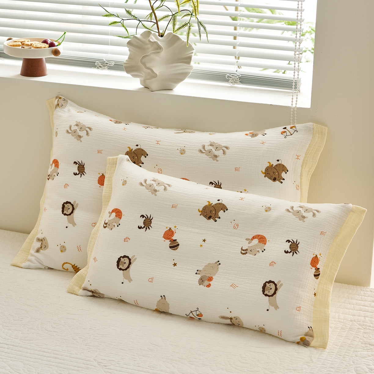 91家纺网 家纺一手货源 找家纺 乐可 2025新款全棉纯棉纱布儿童拼色枕套单枕套 TP3宝宝星座