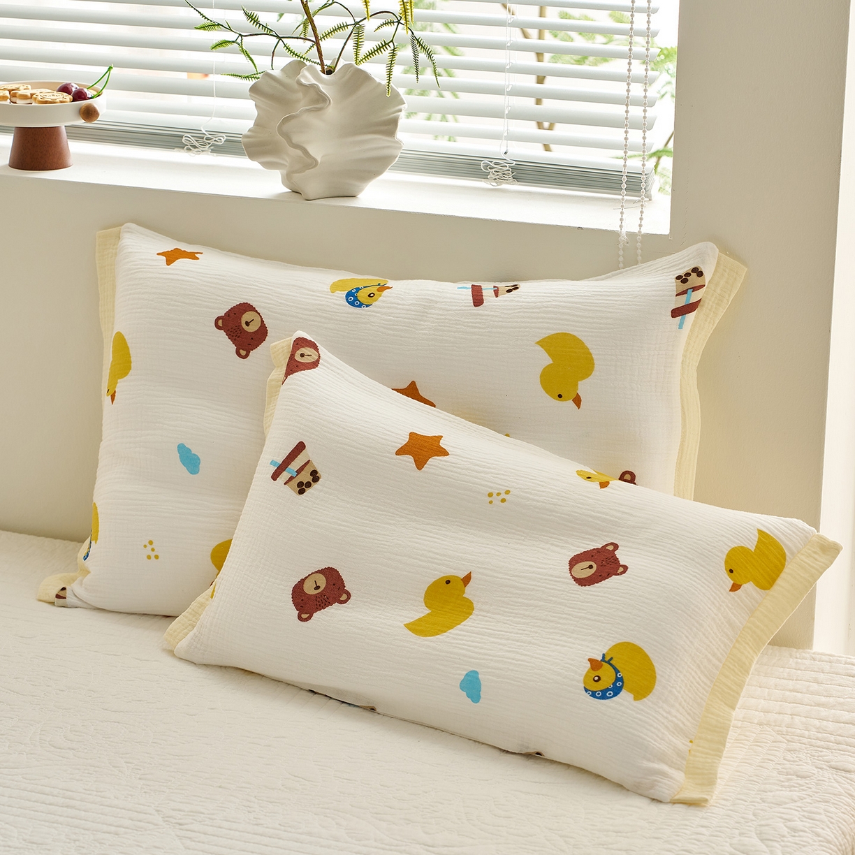 91家纺网 家纺一手货源 找家纺 乐可 2025新款全棉纯棉纱布儿童拼色枕套单枕套 TP3小熊黄鸭