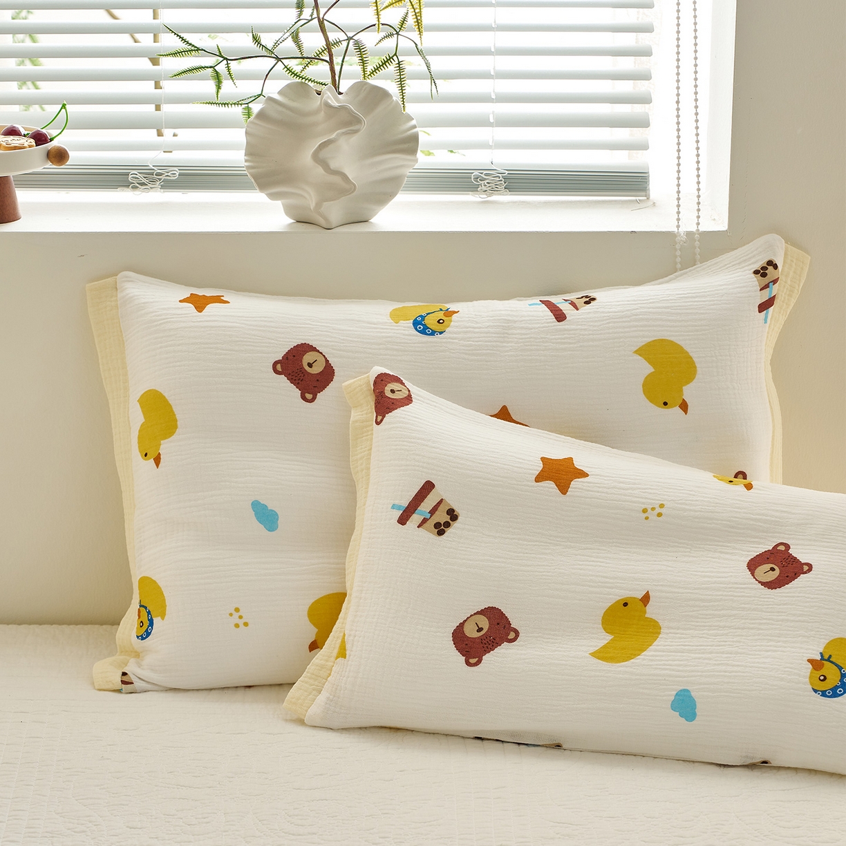 91家纺网 家纺一手货源 找家纺 乐可 2025新款全棉纯棉纱布儿童拼色枕套单枕套 TP3小熊黄鸭