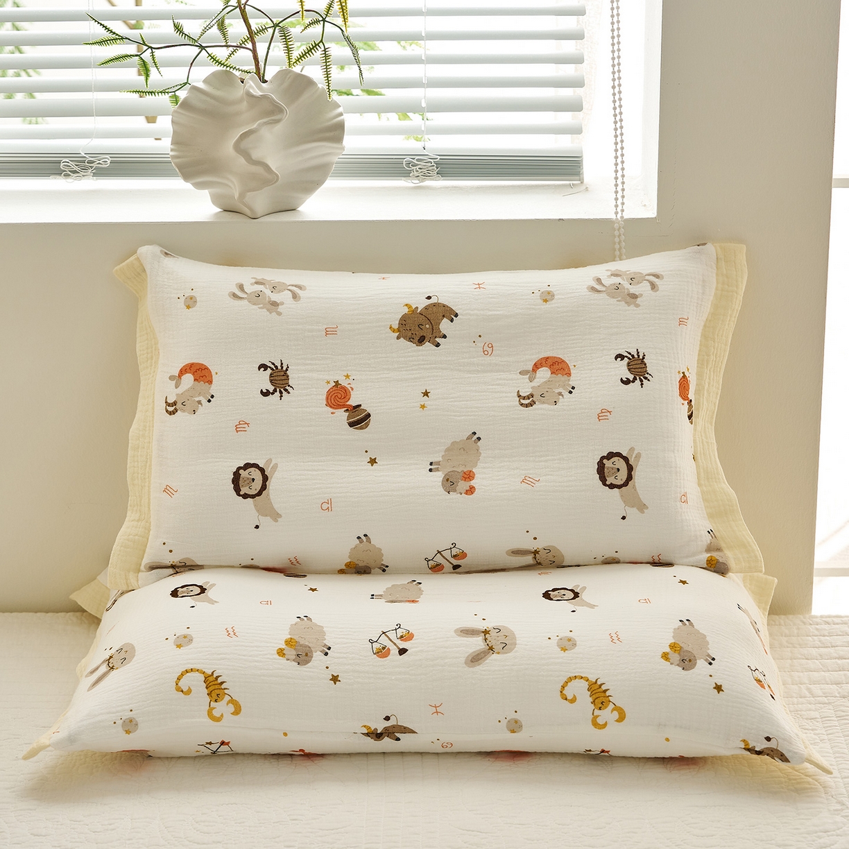 91家纺网 家纺一手货源 找家纺 乐可 2025新款全棉纯棉纱布儿童拼色枕套单枕套 TP3宝宝星座