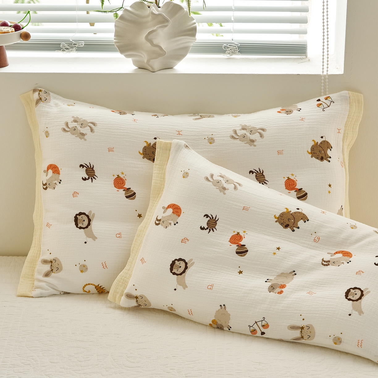 91家纺网 家纺一手货源 找家纺 乐可 2025新款全棉纯棉纱布儿童拼色枕套单枕套 TP3宝宝星座