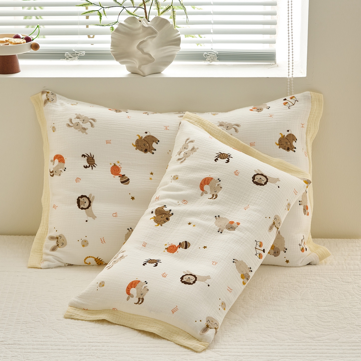 91家纺网 家纺一手货源 找家纺 乐可 2025新款全棉纯棉纱布儿童拼色枕套单枕套 TP3宝宝星座