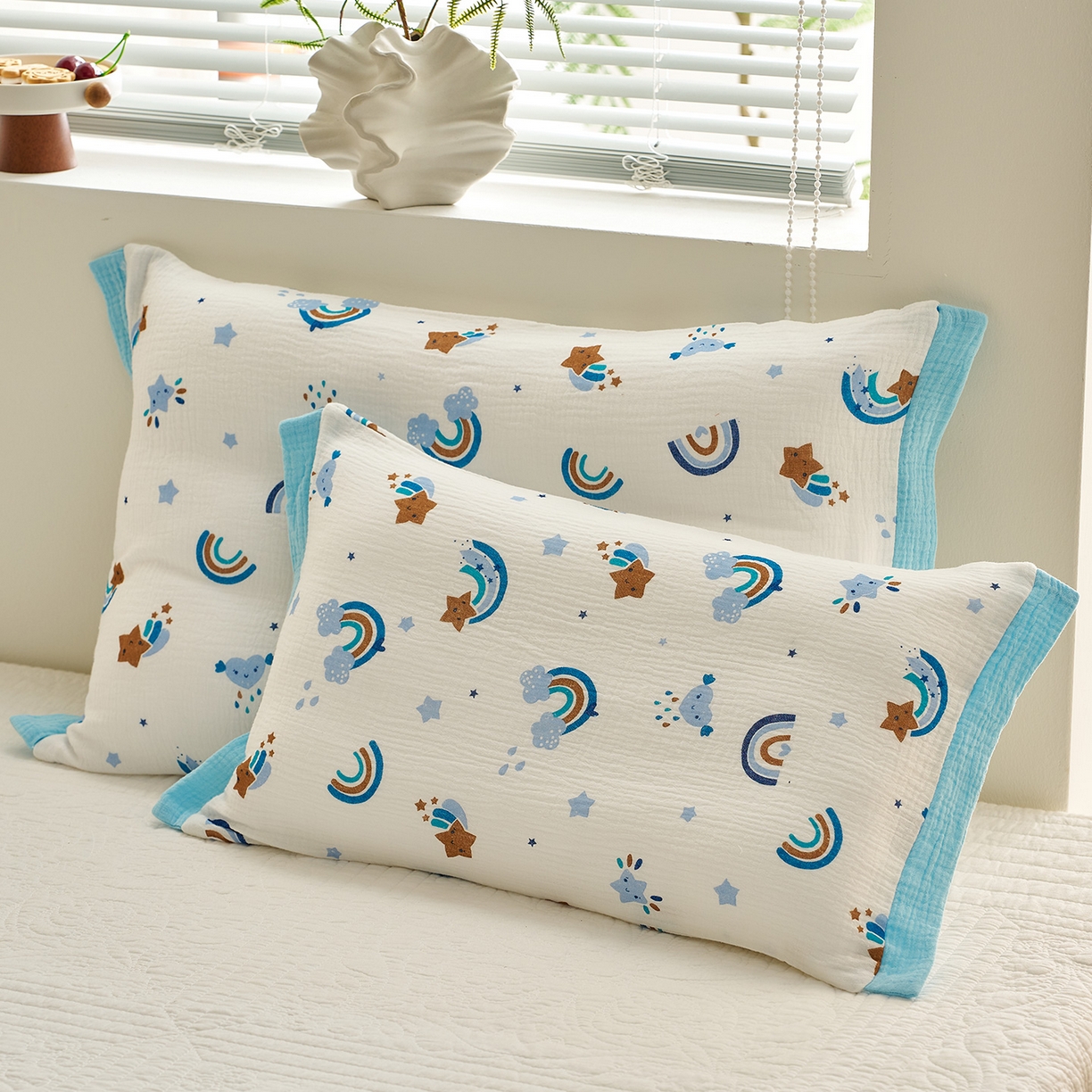 91家纺网 家纺一手货源 找家纺 乐可 2025新款全棉纯棉纱布儿童拼色枕套单枕套 TP3星星彩虹蓝