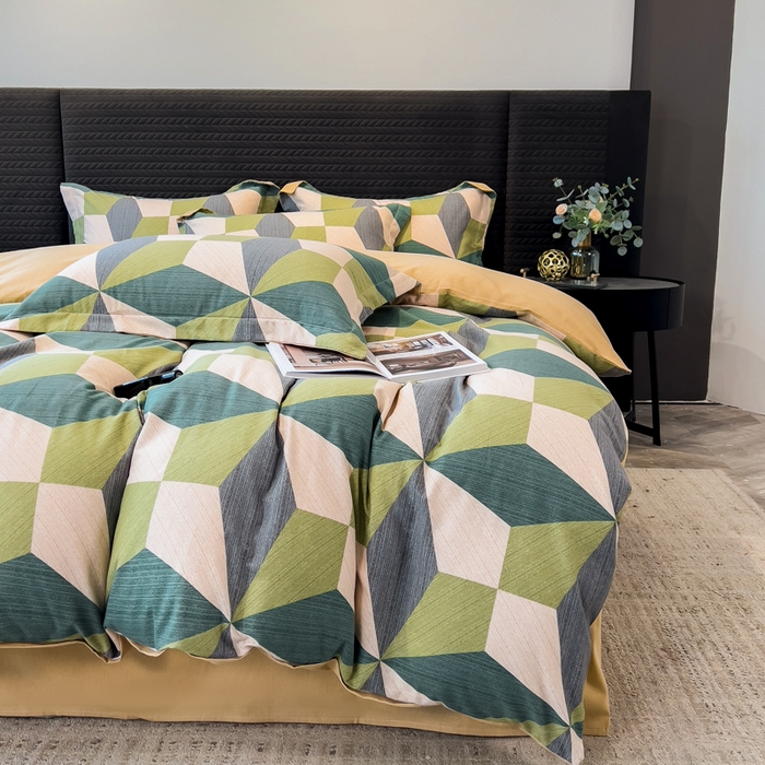 91家纺网 家纺一手货源 找家纺 印季家纺 2025新款全棉纯棉生态印花加厚混纺磨毛四件套 几何空间