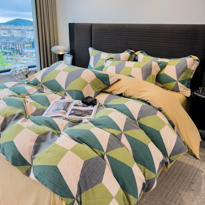 91家纺网 家纺一手货源 找家纺 印季家纺 2025新款全棉纯棉生态印花加厚混纺磨毛四件套 几何空间