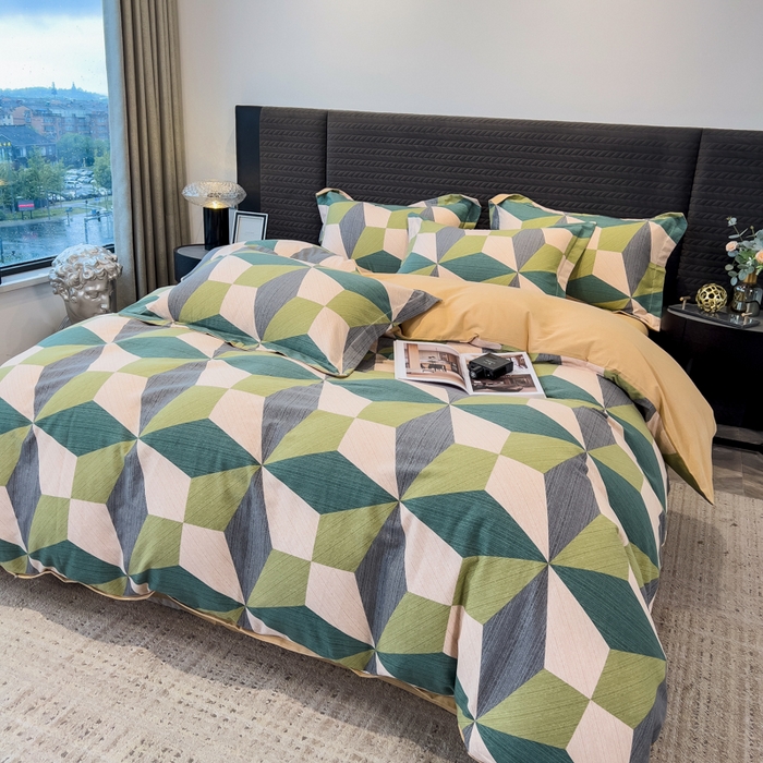 91家纺网 家纺一手货源 找家纺 印季家纺 2025新款全棉纯棉生态印花加厚混纺磨毛四件套 几何空间