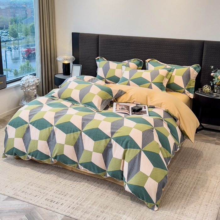 91家纺网 家纺一手货源 找家纺 印季家纺 2025新款全棉纯棉生态印花加厚混纺磨毛四件套 几何空间