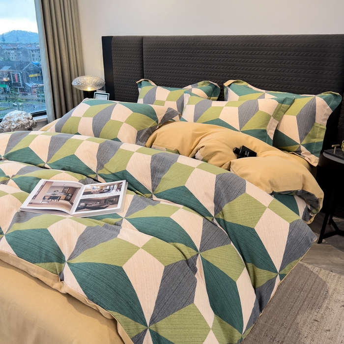 91家纺网 家纺一手货源 找家纺 印季家纺 2025新款全棉纯棉生态印花加厚混纺磨毛四件套 几何空间