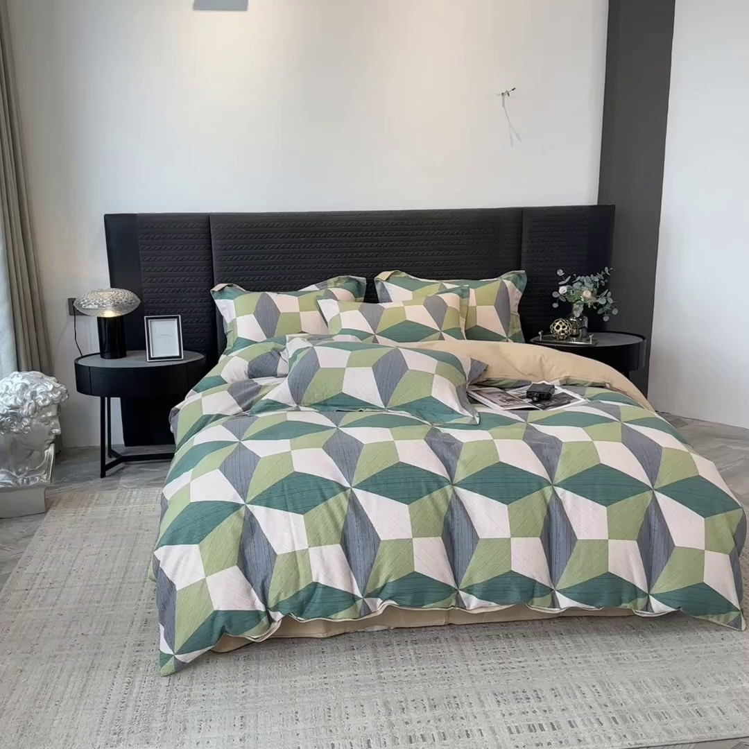 91家纺网 家纺一手货源 找家纺 印季家纺 2025新款全棉纯棉生态印花加厚混纺磨毛四件套 几何空间