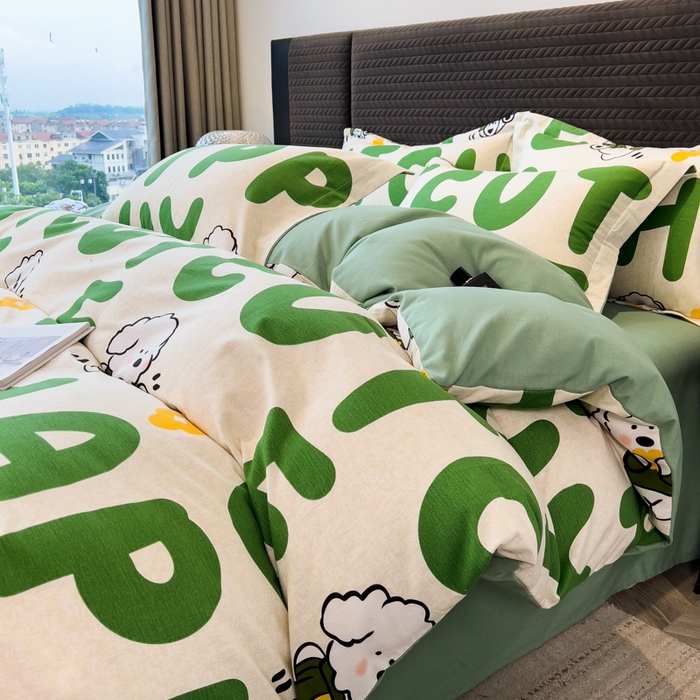 91家纺网 家纺一手货源 找家纺 印季家纺 2025新款全棉纯棉生态印花加厚混纺磨毛四件套 奶绿小狗