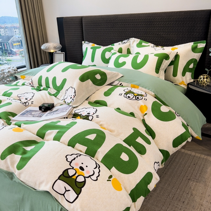 91家纺网 家纺一手货源 找家纺 印季家纺 2025新款全棉纯棉生态印花加厚混纺磨毛四件套 奶绿小狗