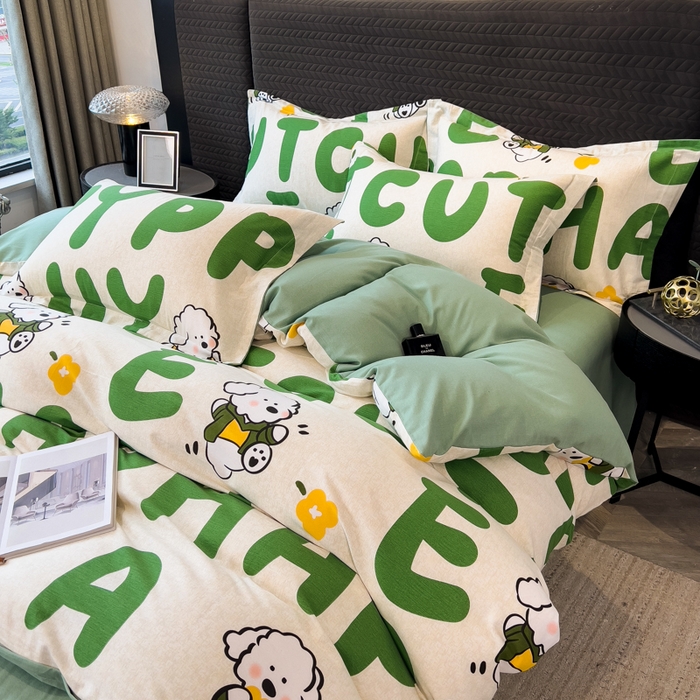 91家纺网 家纺一手货源 找家纺 印季家纺 2025新款全棉纯棉生态印花加厚混纺磨毛四件套 奶绿小狗