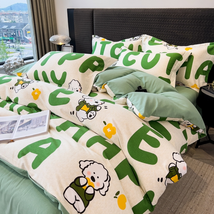 91家纺网 家纺一手货源 找家纺 印季家纺 2025新款全棉纯棉生态印花加厚混纺磨毛四件套 奶绿小狗