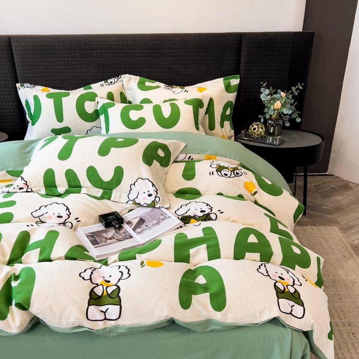 91家纺网 家纺一手货源 找家纺 印季家纺 2025新款全棉纯棉生态印花加厚混纺磨毛四件套 奶绿小狗